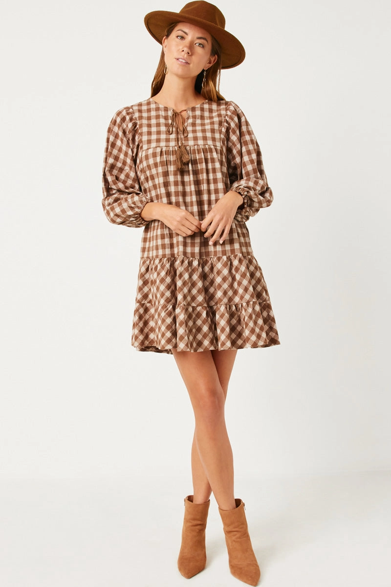 Puff Sleeve Tie Neck Gingham Dress Bow-Detail