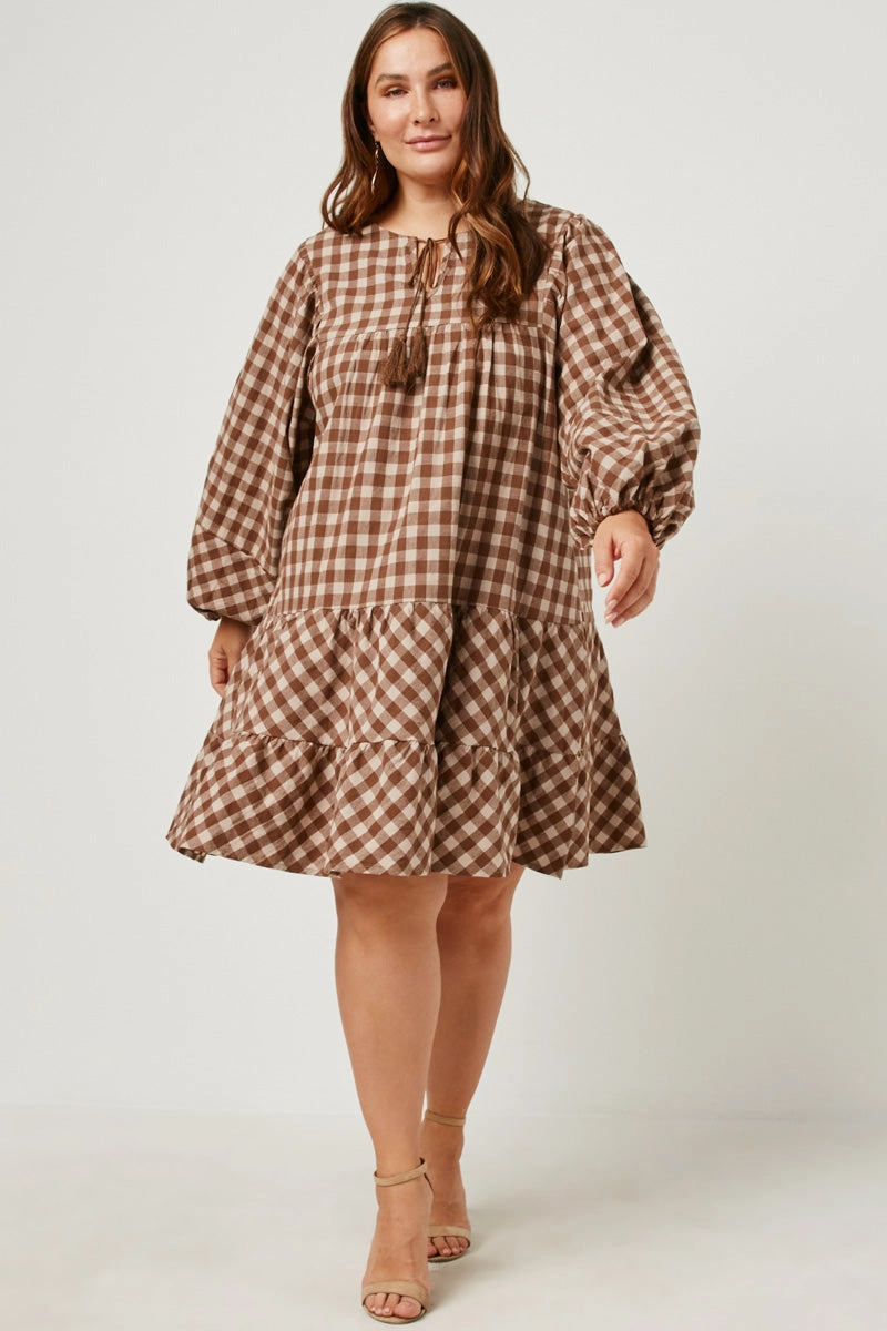 All Wear Flattering Cut Puff Sleeve Tie Neck Gingham Dress