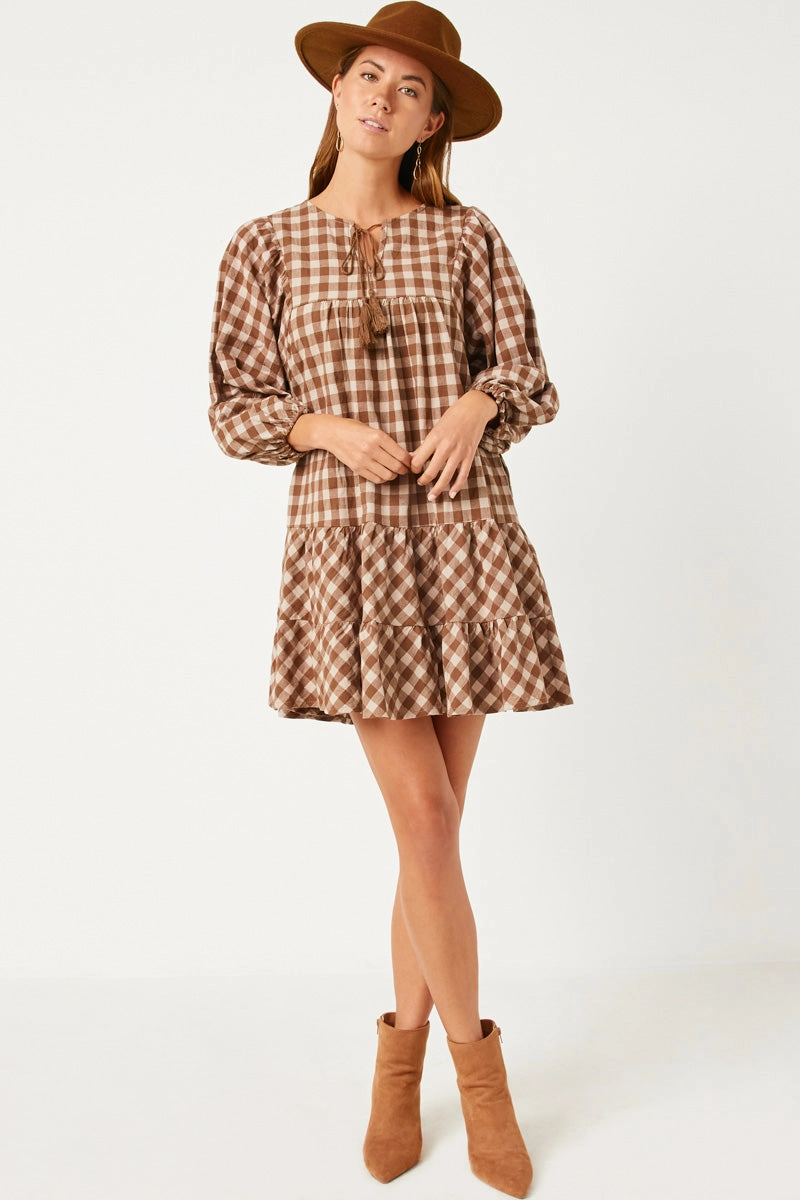 Adjustable Straps Sweetheart-Neck Puff Sleeve Tie Neck Gingham Dress