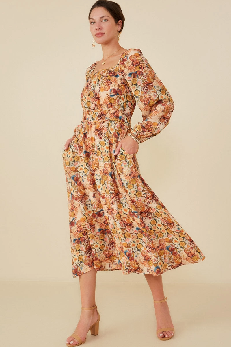 Eco-Lining Floral Fruit Print Gathered Waist Dress