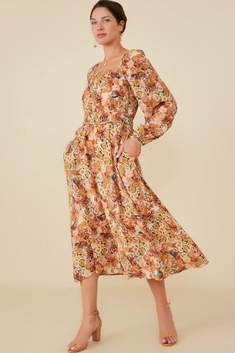 UV-Resistant Understated Style Floral Fruit Print Gathered Waist Dress