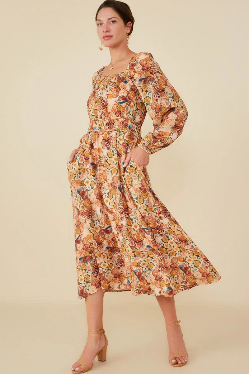 Floral Fruit Print Gathered Waist Dress Natural Wrap
