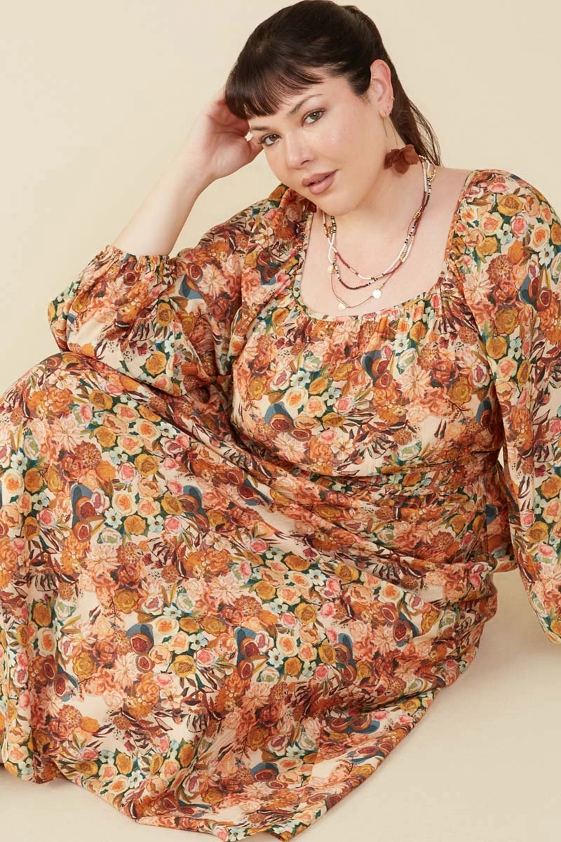 Travel Ready Silky Finish Floral Fruit Print Gathered Waist Dress