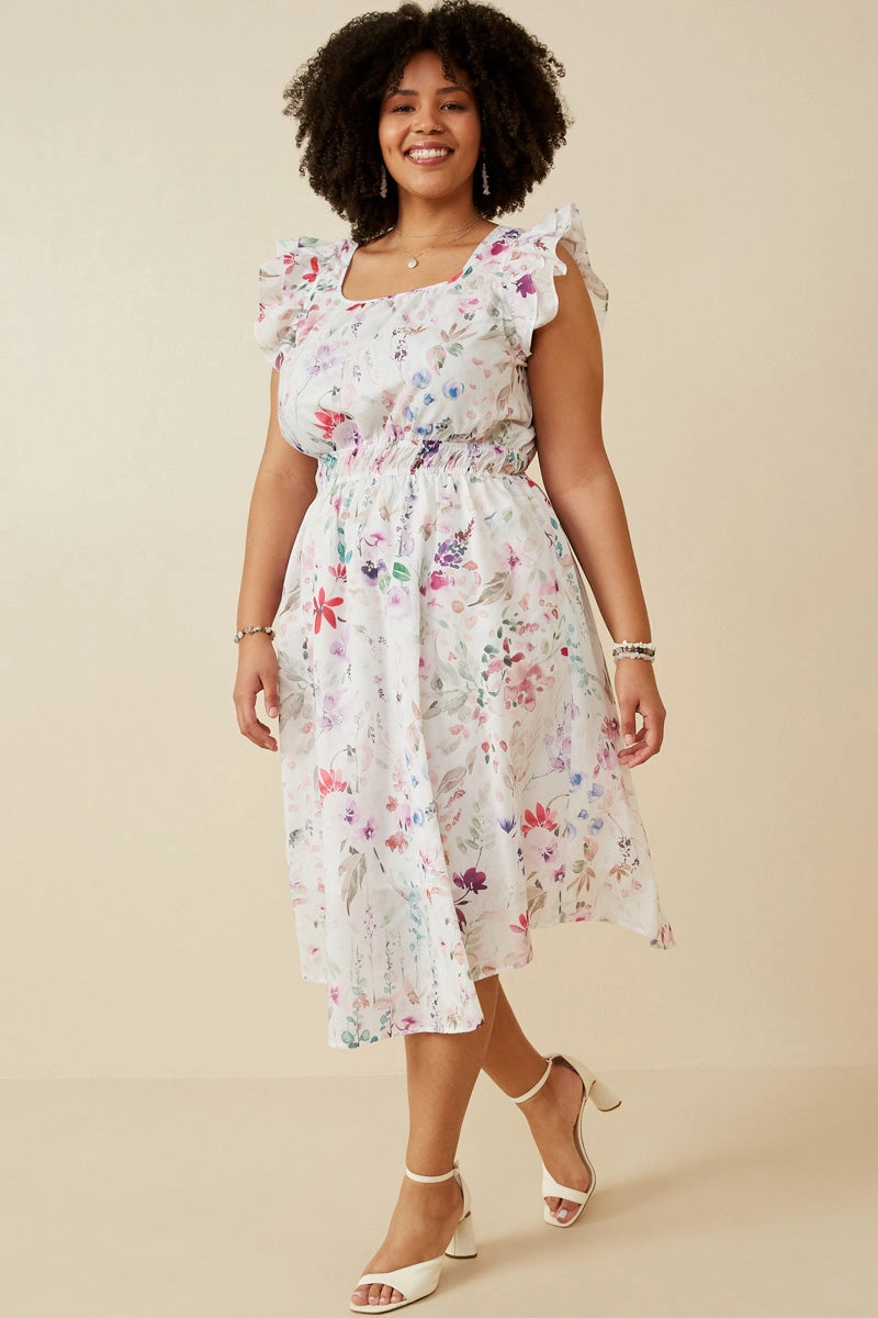 Runway-Ready Heritage-Brand Faint Floral Ruffled Shoulder Midi Dress