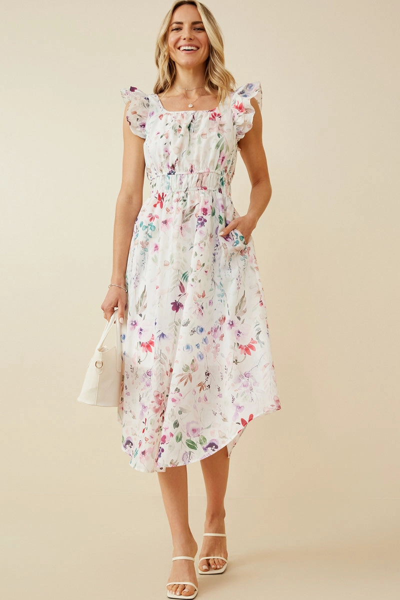 Faint Floral Ruffled Shoulder Midi Dress Casual weekend dress