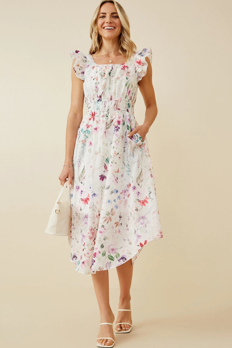 Office Shape Faint Floral Ruffled Shoulder Midi Dress
