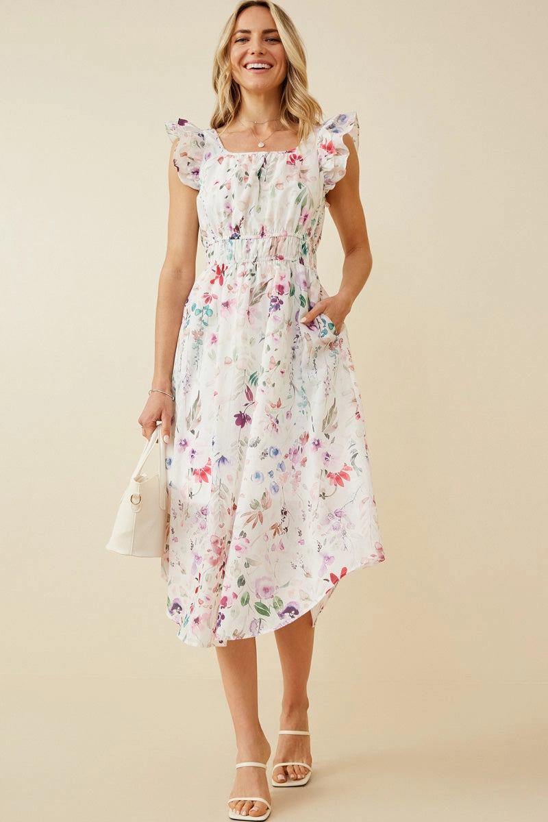 Faint Floral Ruffled Shoulder Midi Dress Resort Vibes