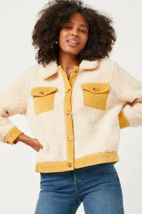 Contrast Corduroy Trimmed Button Up Sherpa Jacket Warm Layer Option Everyday Layer Style