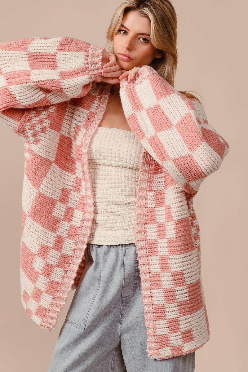 IP6171G-01 | MIXED CHECK PATTERN LOOSE FIT CHUNKY CARDIGAN City Style