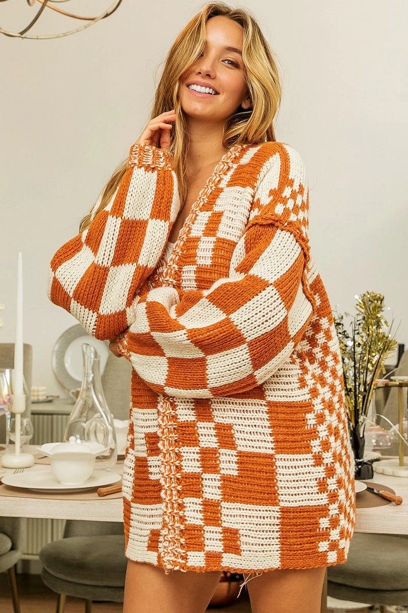 Wind Resistant IP6171G-01 | MIXED CHECK PATTERN LOOSE FIT CHUNKY CARDIGAN