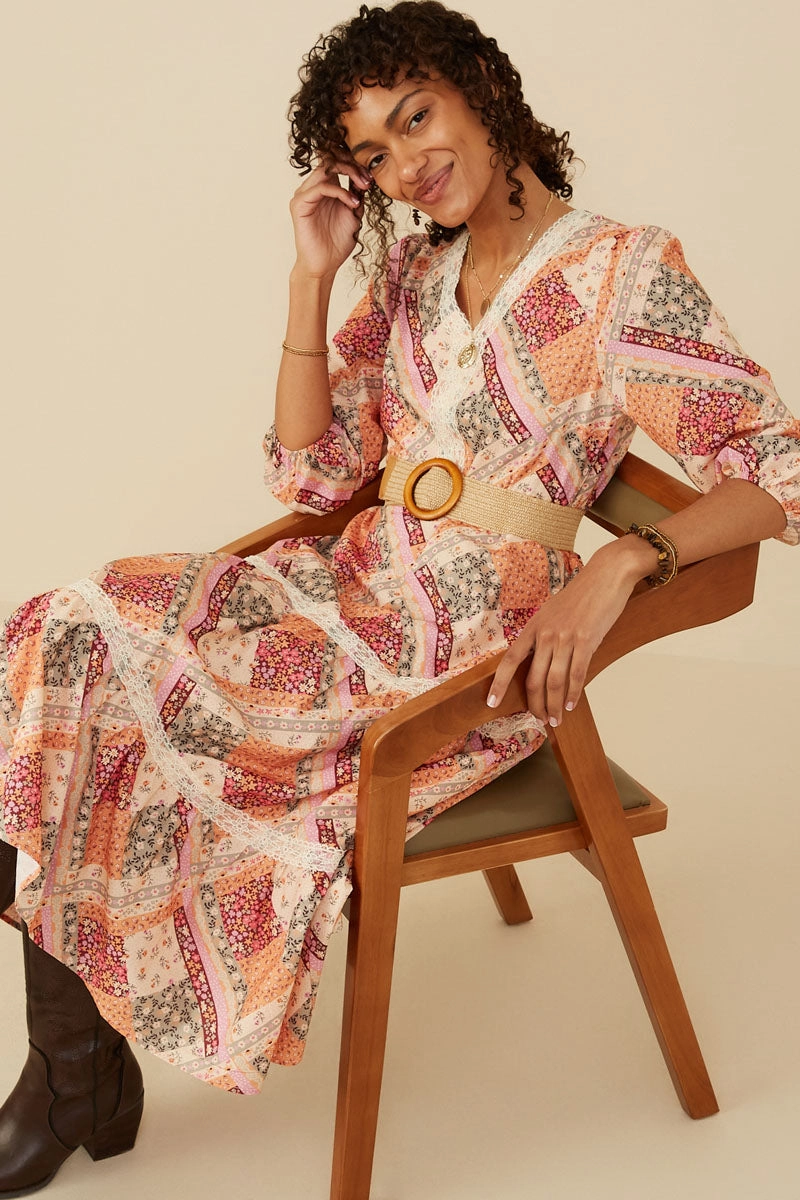 Texture Soft Quilt Print Lace Detail Tiered Dress