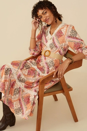 Quilt Print Lace Detail Tiered Dress Day Ready