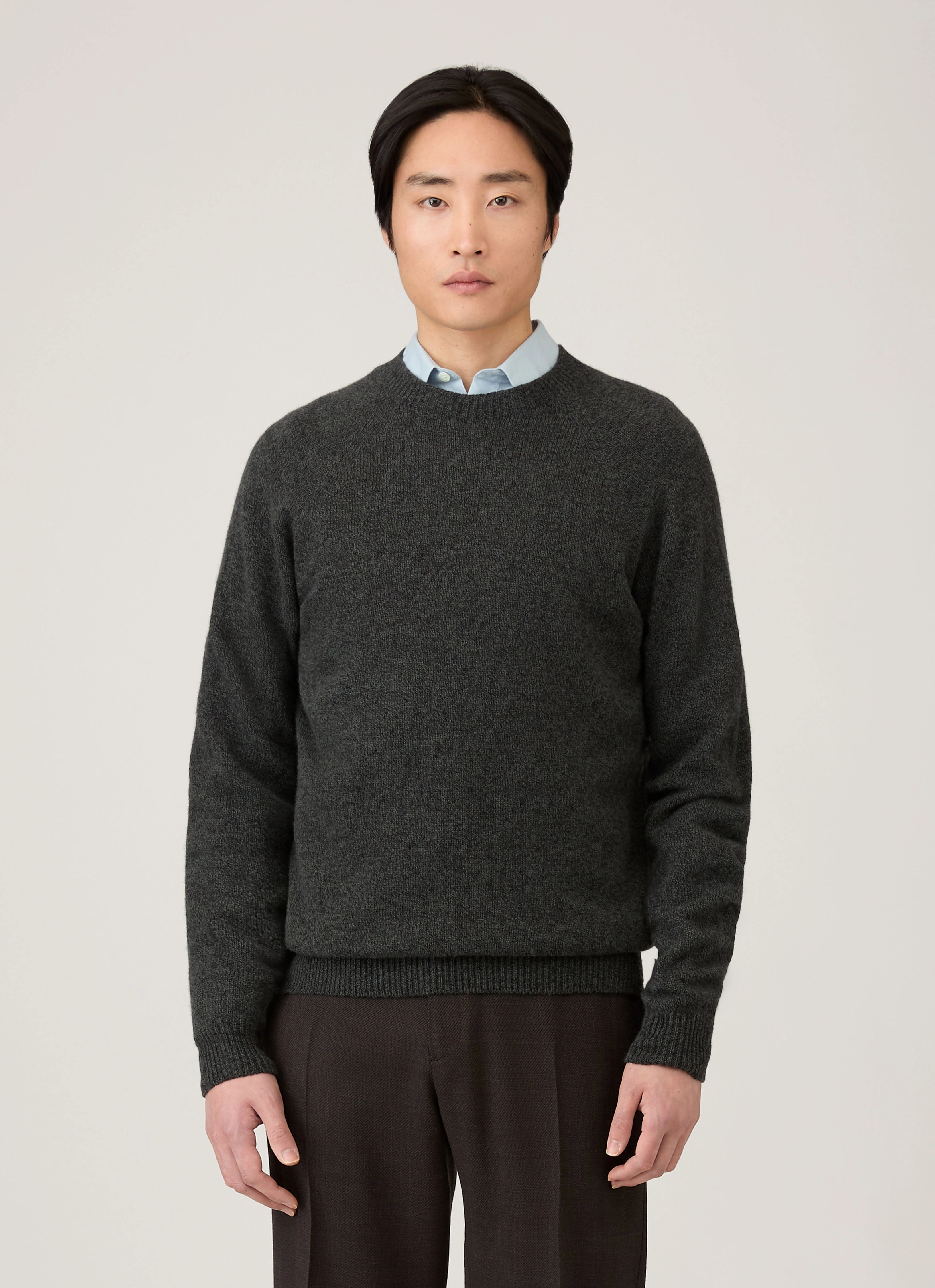 Rabbit Hair Men's Lambswool Crew Neck Jumper in Dark Green Twist