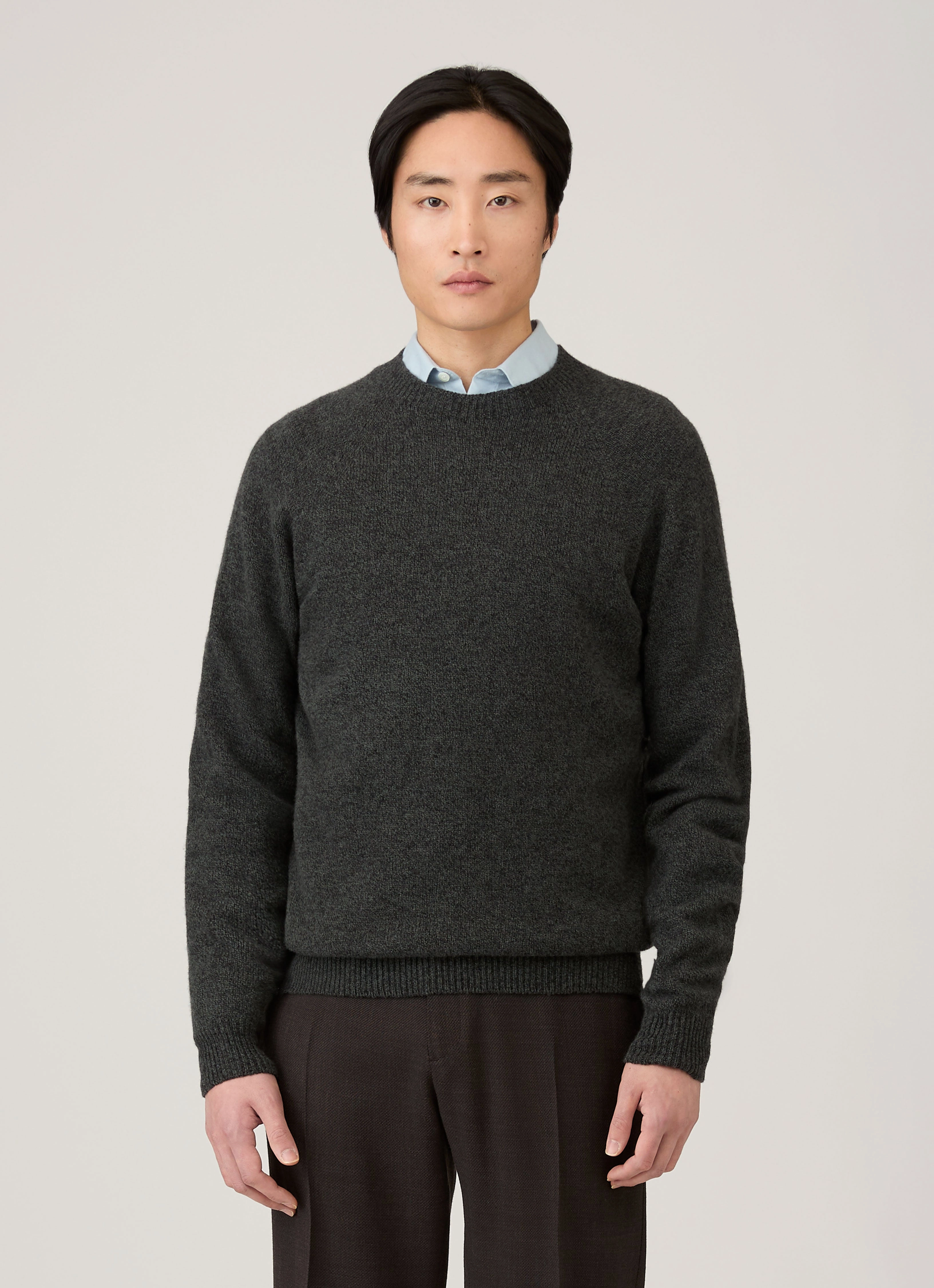 Rabbit Hair Men's Lambswool Crew Neck Jumper in Dark Green Twist