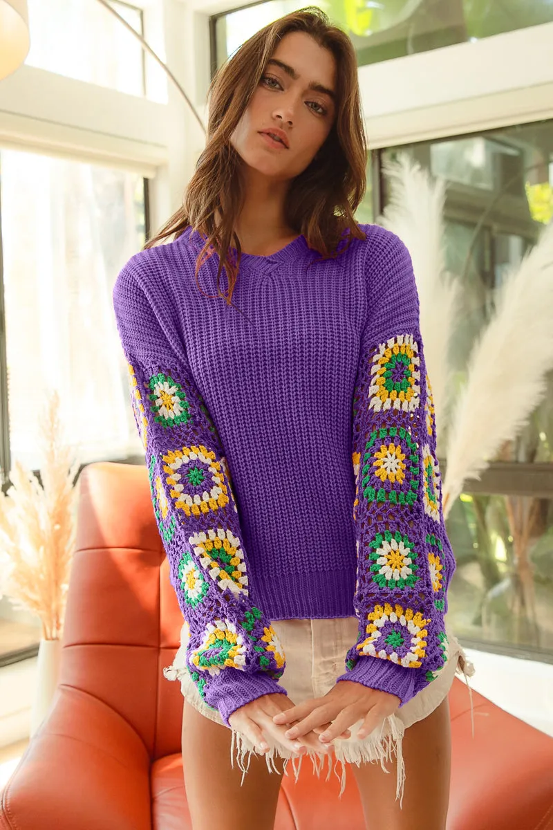 IP8510G-02 | GRANNY SQUARE MARDI GRAS SWEATER Mild Weather Layer Stylish Chill Piece