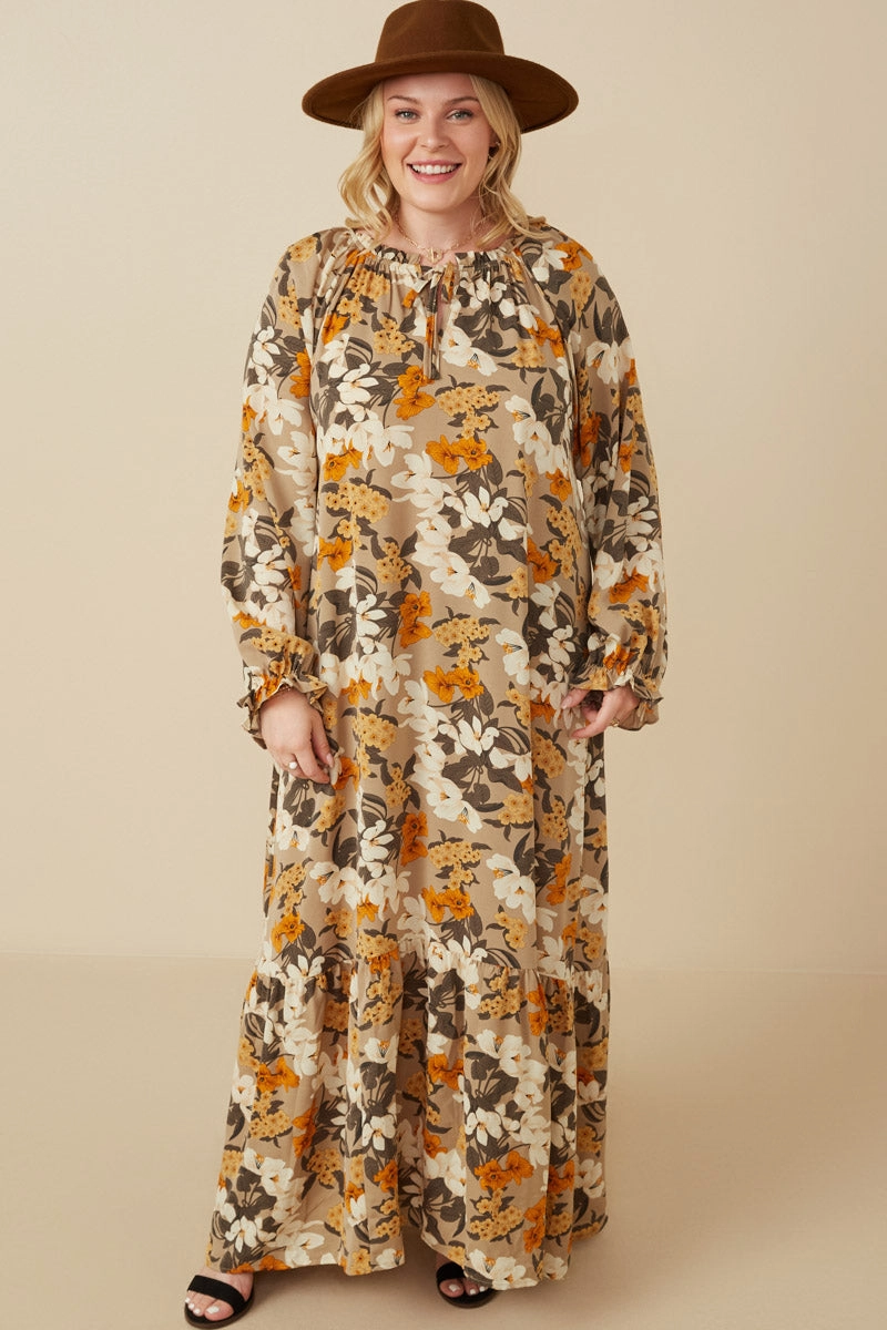 Oversized-Fit Timeless Touch Bold Floral Print Long Sleeve Tie Detail Maxi Dress