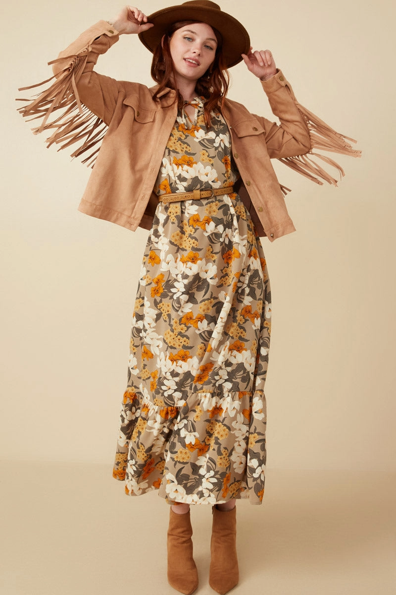 Bold Floral Print Long Sleeve Tie Detail Maxi Dress Calm Tone Subtle Flow