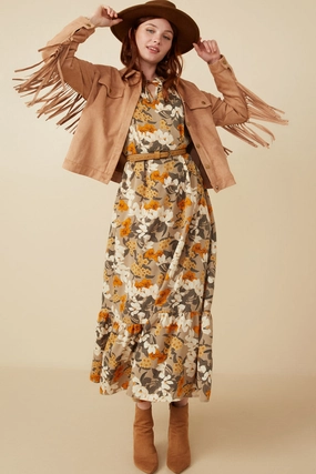 Embroidered Fabric Bold Floral Print Long Sleeve Tie Detail Maxi Dress