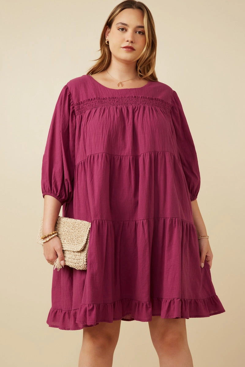 Gloss Accent Urban Feel Smocking Detailed Puff Sleeve Tiered Dress