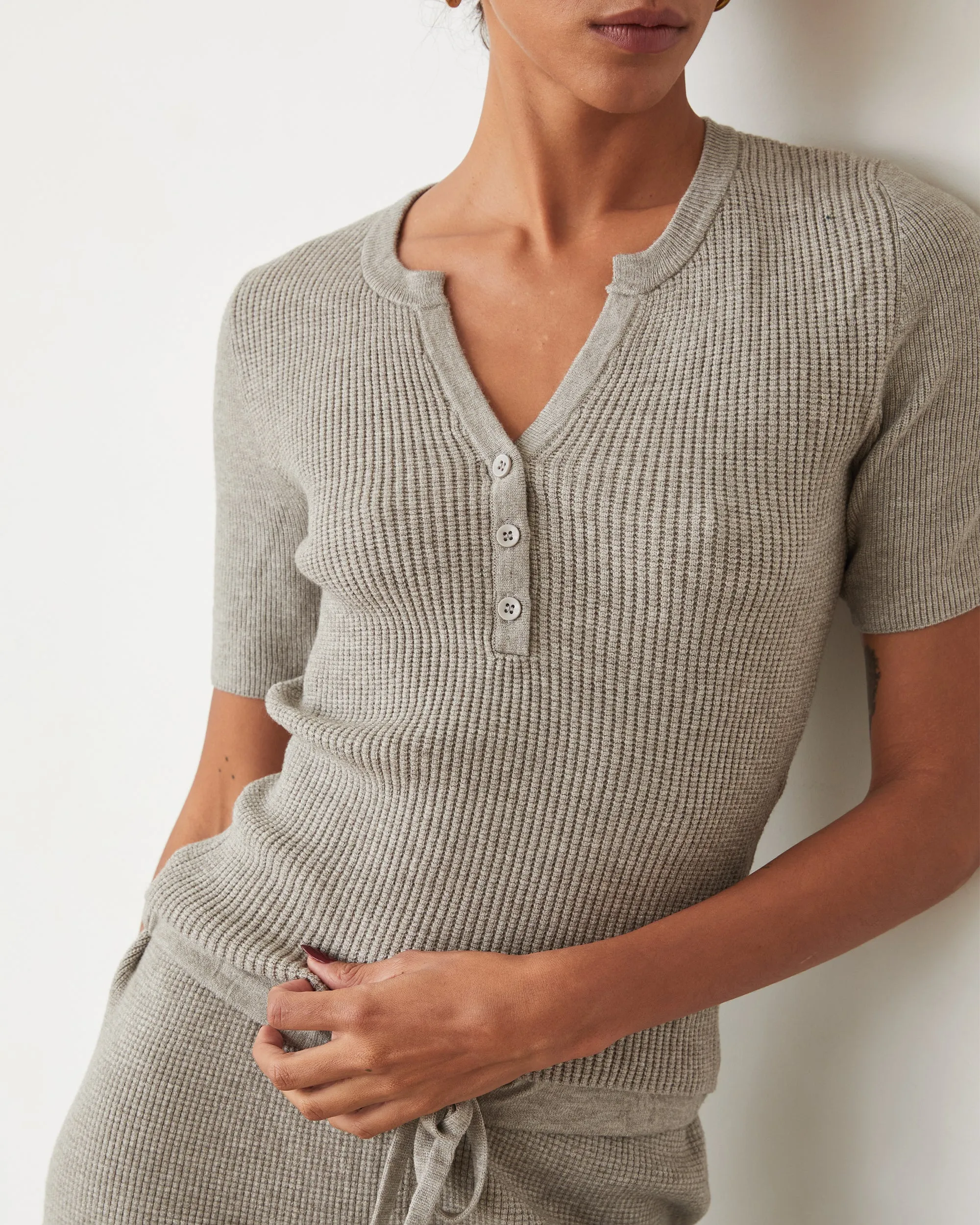 Refined Vibe Chic Softknit Rib Waffle Henley