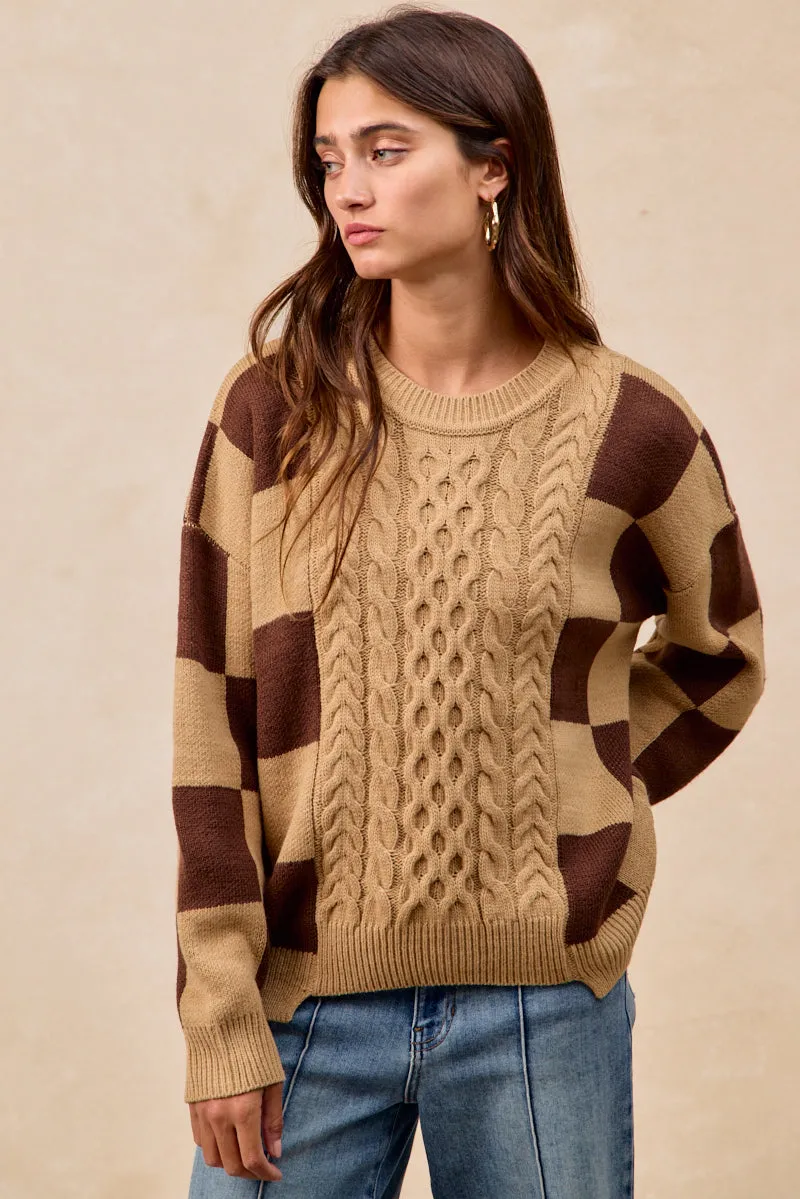 Smart Casual IT4775H-01 | CHECKER BOARD PATTERN CABLE KNIT SWEATER TOP