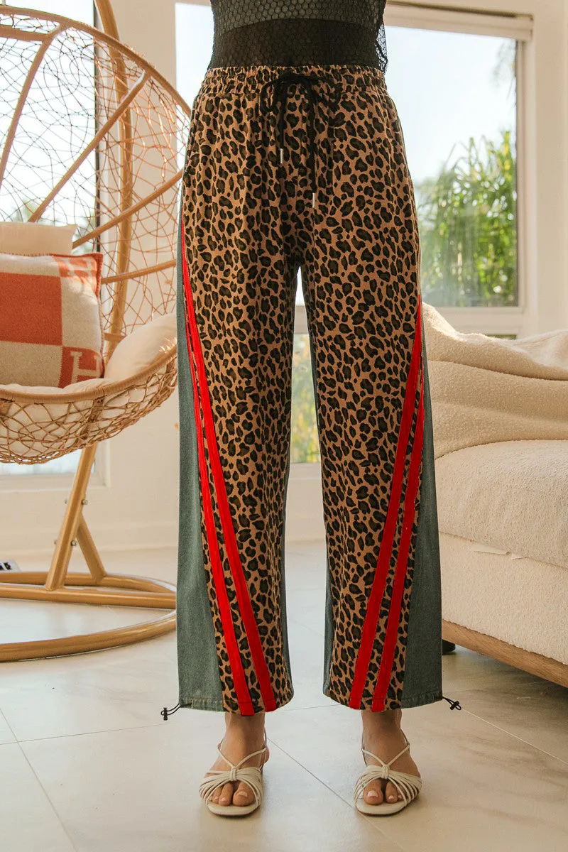 IB1608R-01 | WASHED LEOPARD AND DENIM MIX AND MATCH JOGGER PANTS Simple Elegance Urban appeal