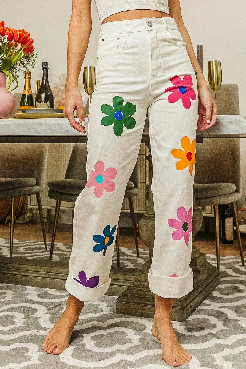 Fashionable Waist IB1346-01 | FLOWER PRINT STRAIGHT LEGS PANTS