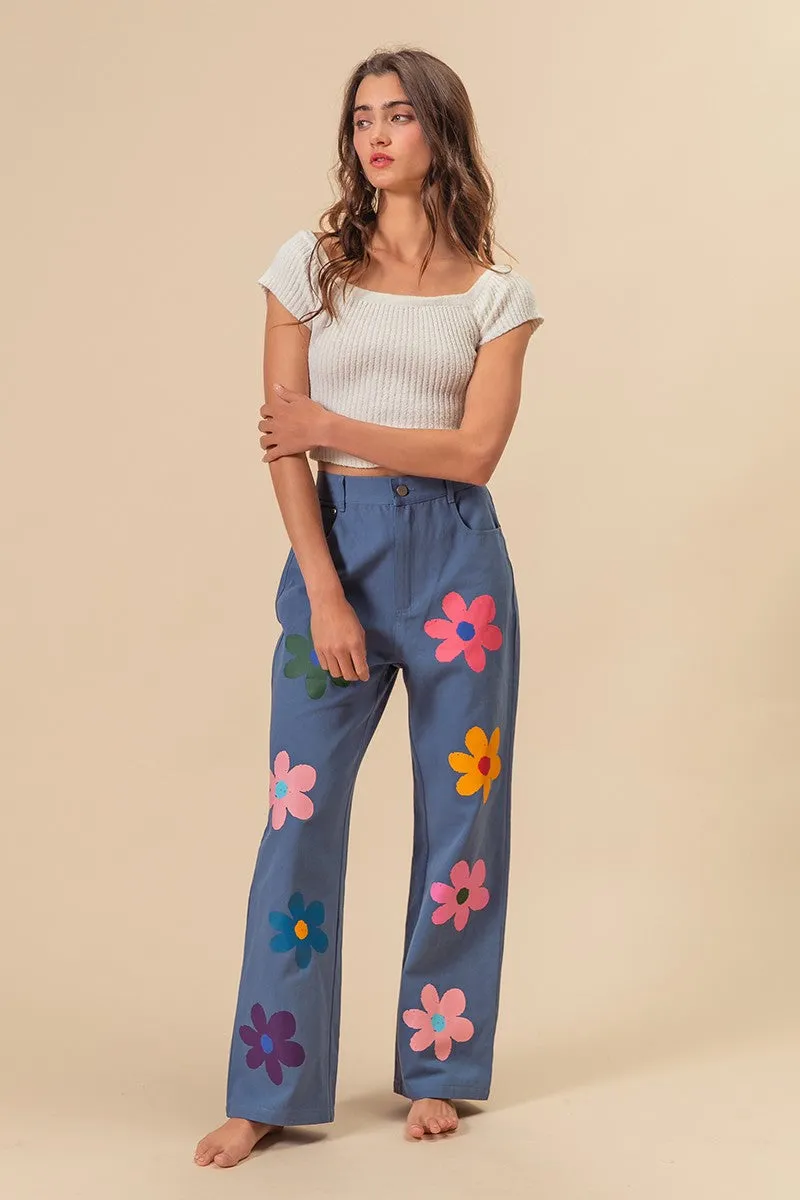 Core Ease IB1346-01 | FLOWER PRINT STRAIGHT LEGS PANTS