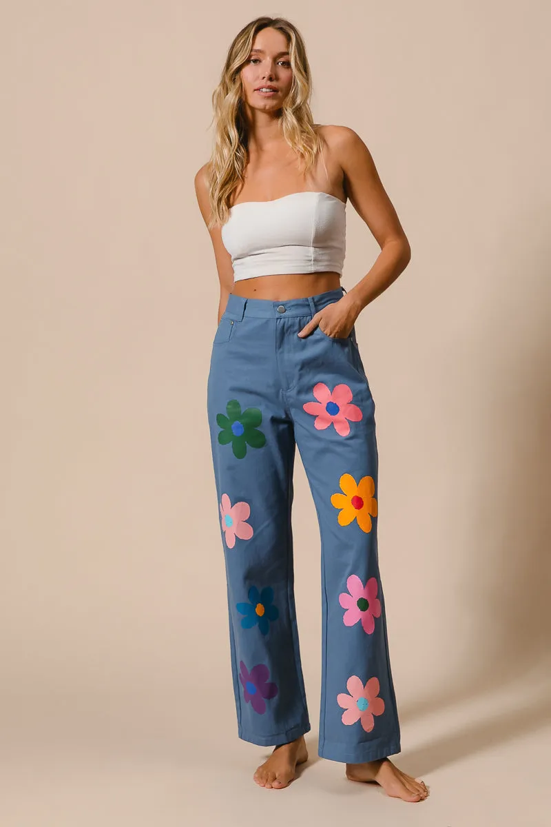 Layered Wear IB1346-01 | FLOWER PRINT STRAIGHT LEGS PANTS