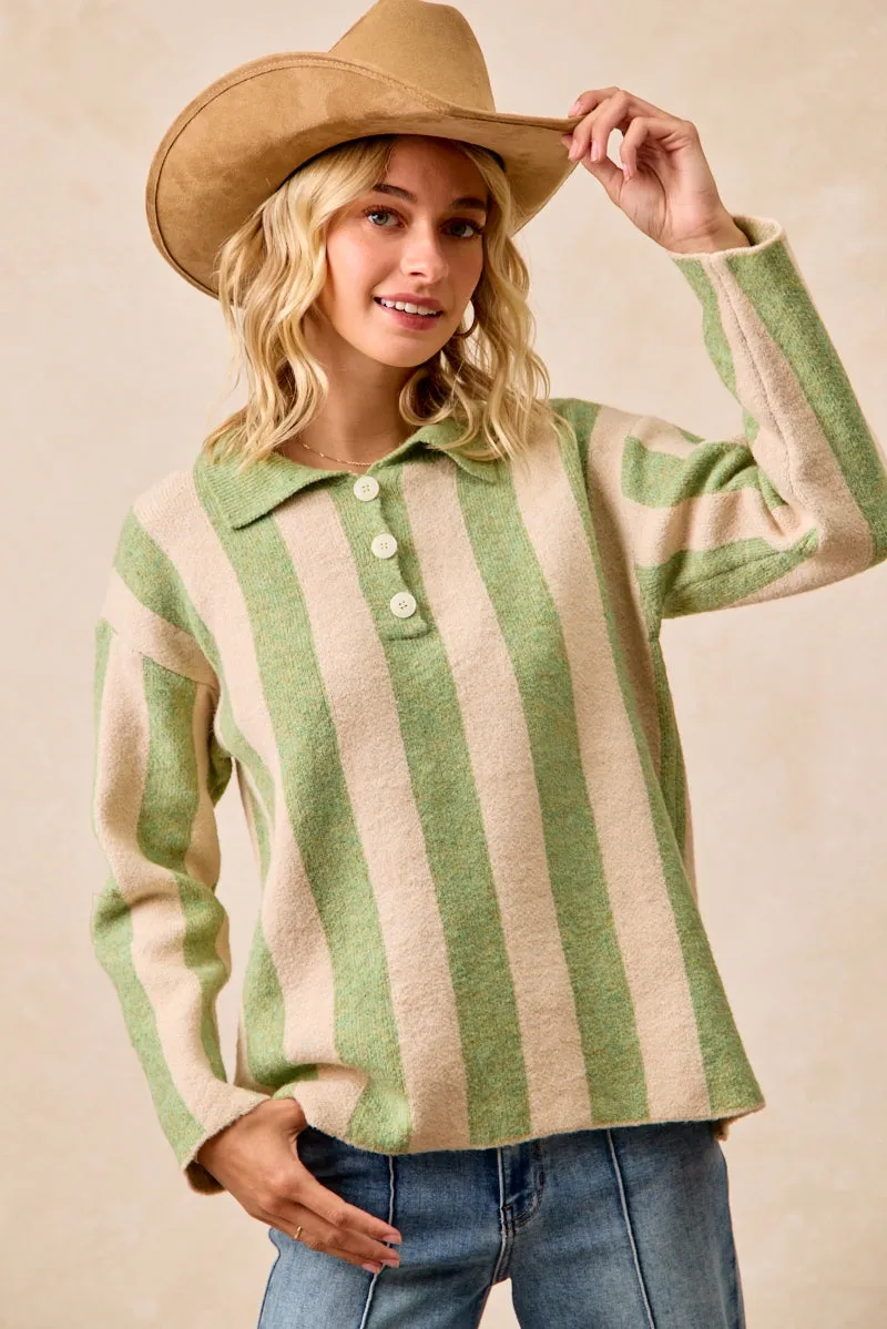IT4451H-01 | STRIPED SWEATER TOP WITH FRONT BUTTONED Everyday Style Office Appropriate