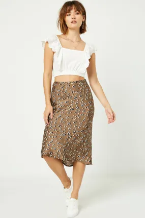Soft Stretch Weather Flex Satin Leopard Printed Midi Skirt