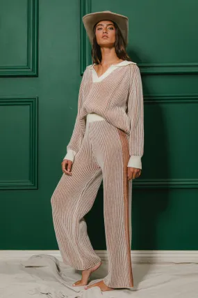IB1520-01 | TWO TONE RIB TEXTURE SWEATER AND PANTS SET Office Wear
