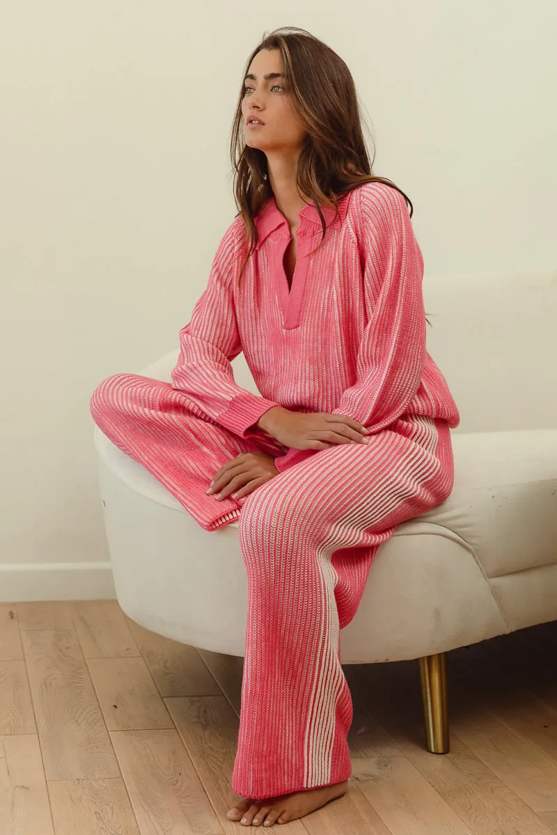 Travel Essential Linen blend IB1520-01 | TWO TONE RIB TEXTURE SWEATER AND PANTS SET