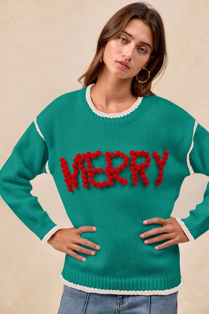 IT4702H-03 | CHRISTMAS THEME POMPOM LATTERING MERRY SWEATER TOP Tailored Fit Urban Edge