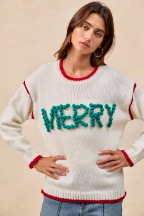 Sporty Touch IT4702H-03 | CHRISTMAS THEME POMPOM LATTERING MERRY SWEATER TOP