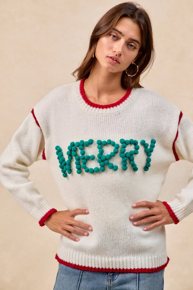 Sporty Touch IT4702H-03 | CHRISTMAS THEME POMPOM LATTERING MERRY SWEATER TOP