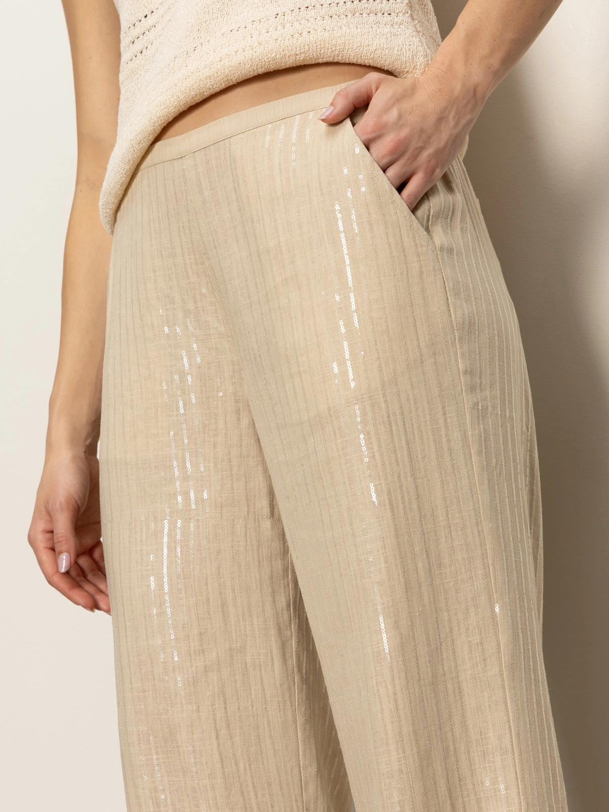 Relaxed Comfort Coastal Semi-High Rise Pant Sand Sequin Stripe