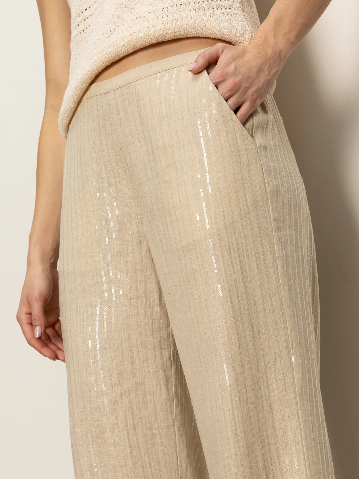 Relaxed Comfort Coastal Semi-High Rise Pant Sand Sequin Stripe