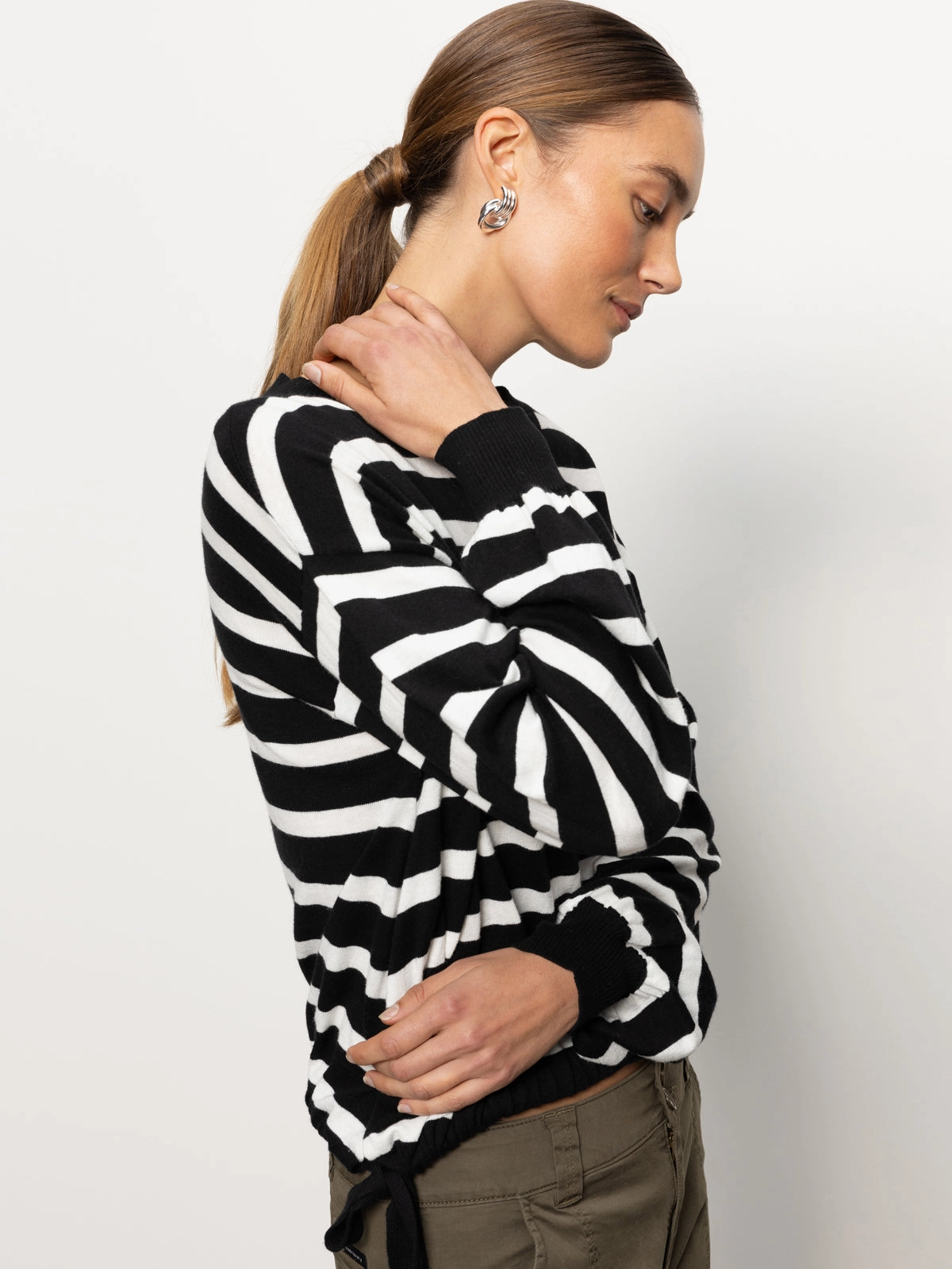 Relaxed Comfort Side Tie Sweater Black/ Chalk Stripe