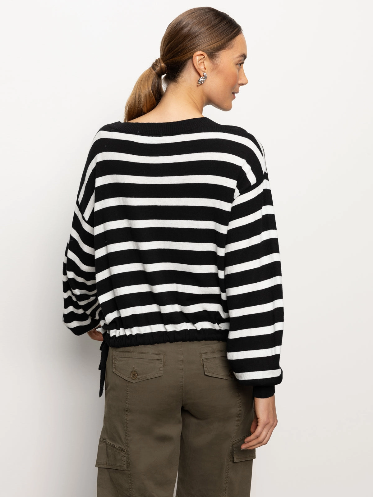 Relaxed Comfort Side Tie Sweater Black/ Chalk Stripe