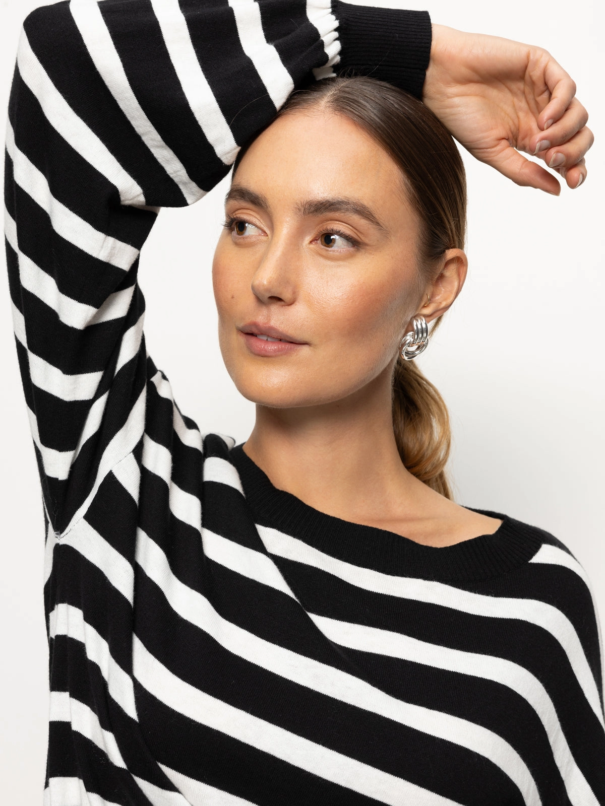 Short Sleeve career women Side Tie Sweater Black/ Chalk Stripe