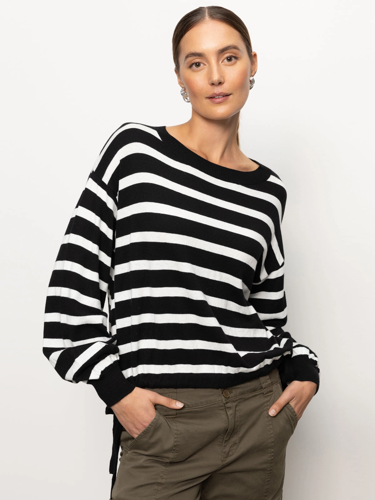 Relaxed Comfort Side Tie Sweater Black/ Chalk Stripe