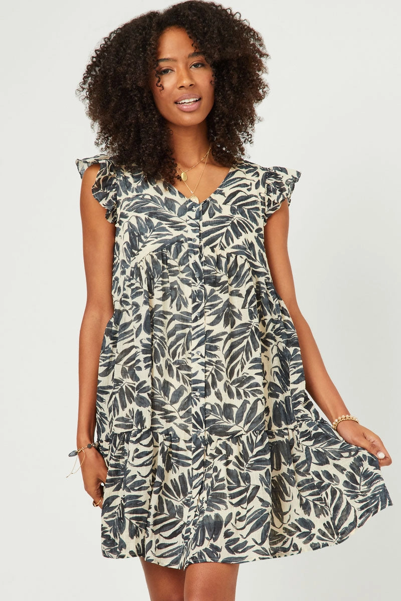 Sleek Form Botanical Print Ruffle Sleeveless Button Detail Dress