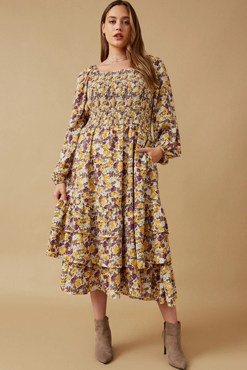 Floral Print Smocked Bodice Tiered Dress Fall Silhouette