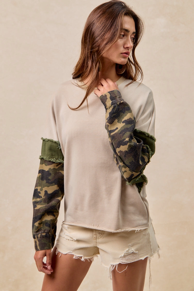 Fashionable Waist Work Flex IT4603S-03 | FRENCH TERRY WITH CAMO SLEEVE TOP WITH FRAYED EDGE