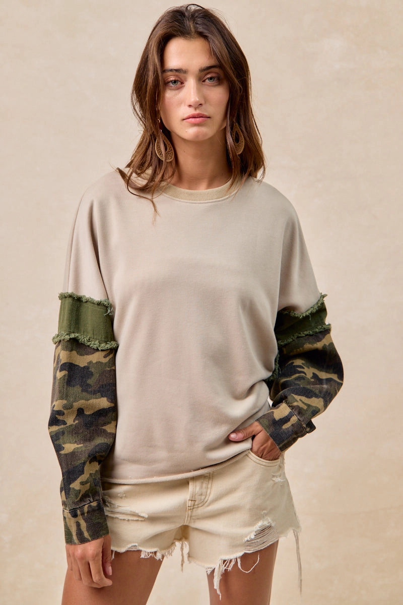 Office Wear IT4603S-03 | FRENCH TERRY WITH CAMO SLEEVE TOP WITH FRAYED EDGE