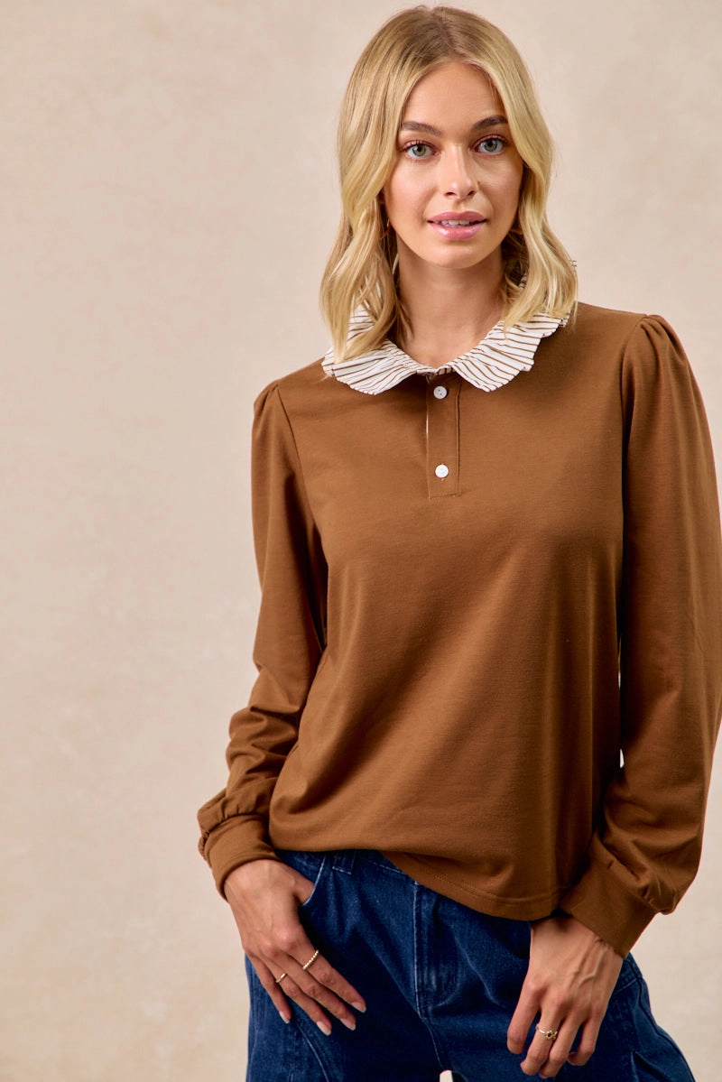 Classic Elegance IT4638S-01 | FRENCH TERRY STRIPE RUFFLED COALLERED TOP