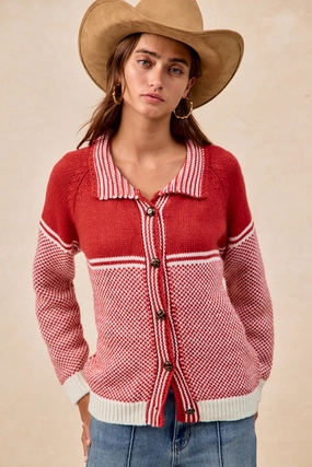 IT4758H-01 | TWO COLOR WEAVE SWEATER TOP WITH STRIPED PLACKET Cool Weather Lounge-friendly
