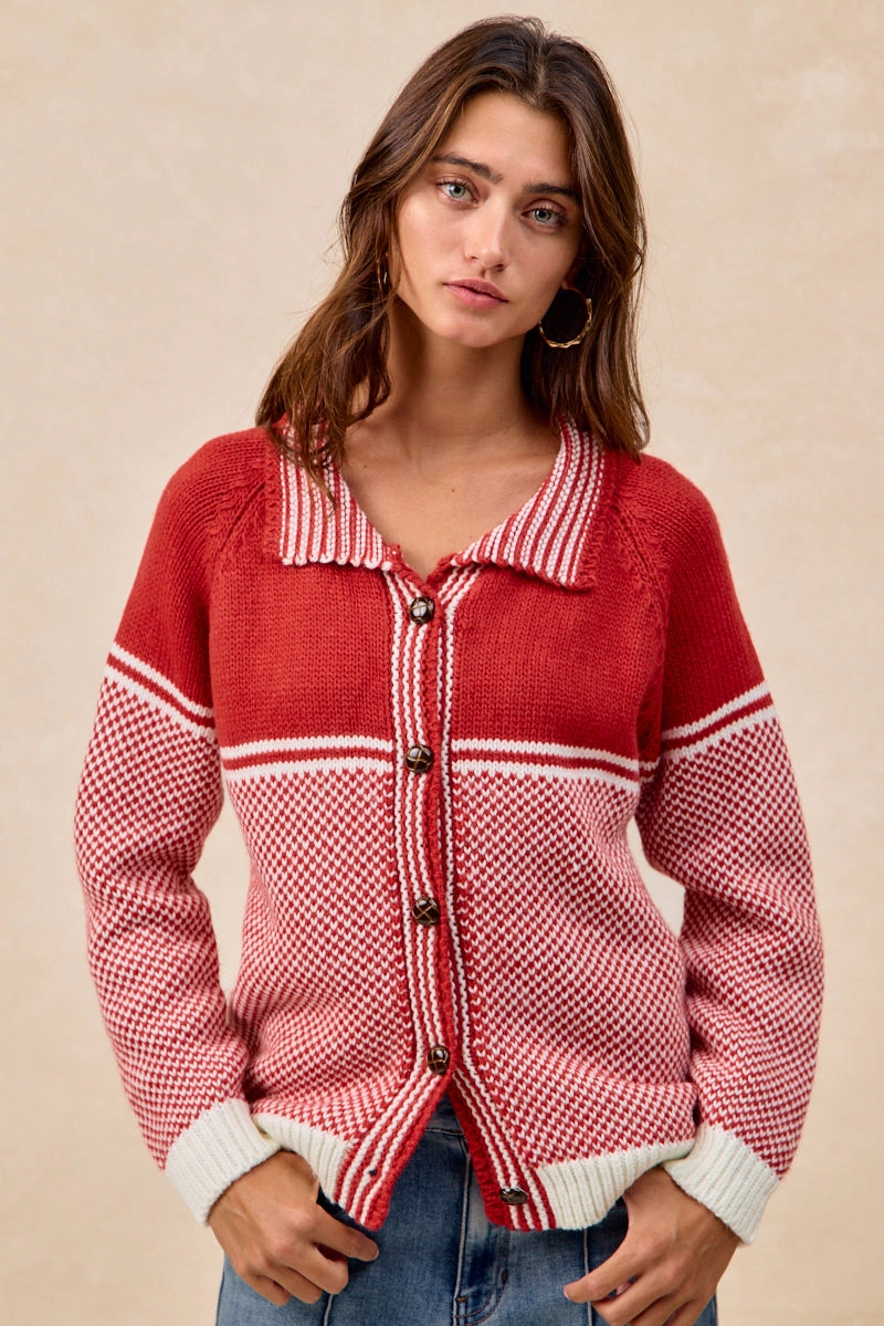 IT4758H-01 | TWO COLOR WEAVE SWEATER TOP WITH STRIPED PLACKET Workout-ready No Iron