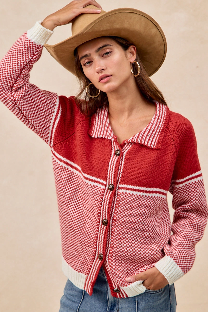 IT4758H-01 | TWO COLOR WEAVE SWEATER TOP WITH STRIPED PLACKET Quick Motion Durable Design